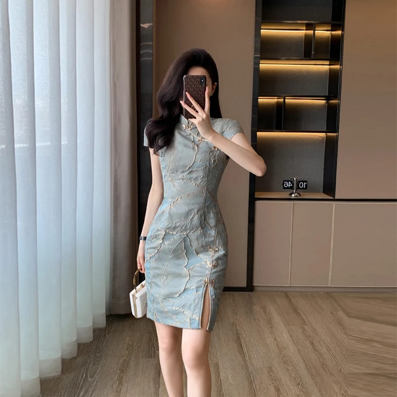 复古蕾丝旗袍女夏日常修身小个子中国风短裙法式宴会开衩气质收腰