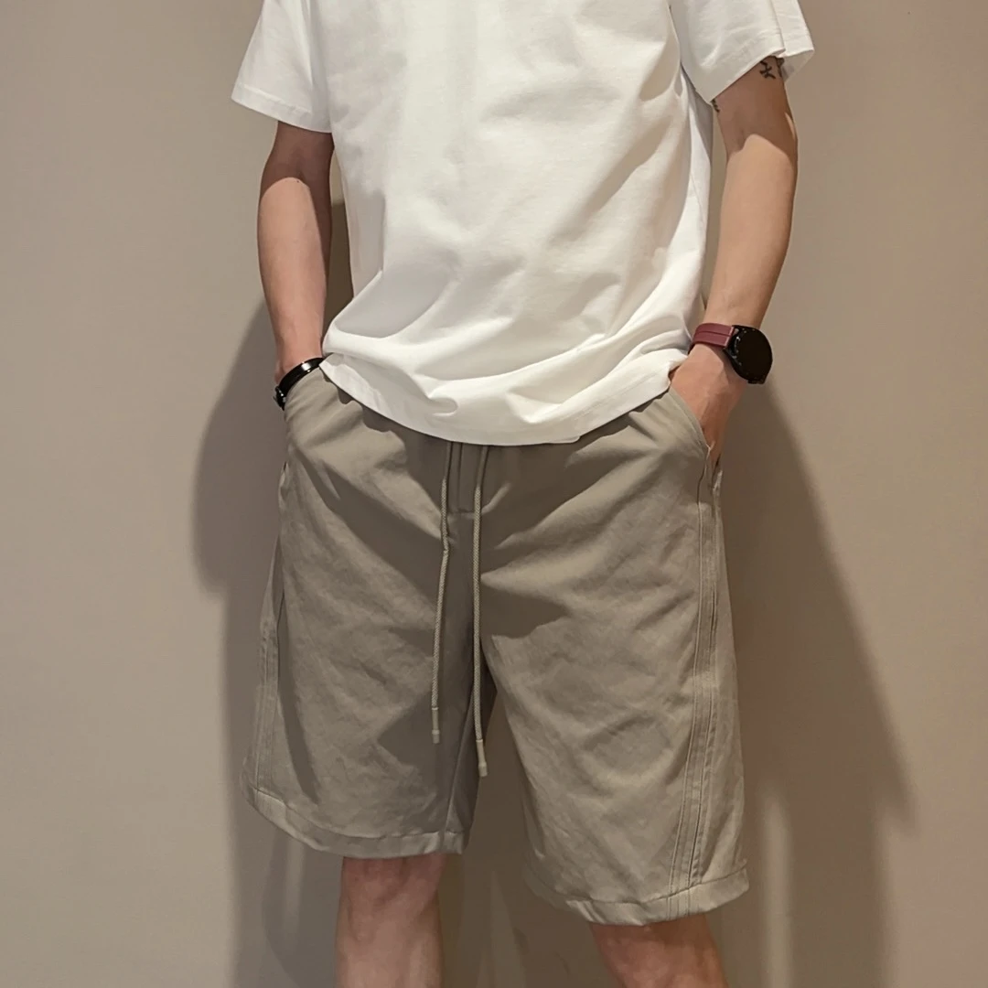 【来川】夏季立体裁剪纯色直筒松紧腰休闲短裤百搭简约五分裤经典潮