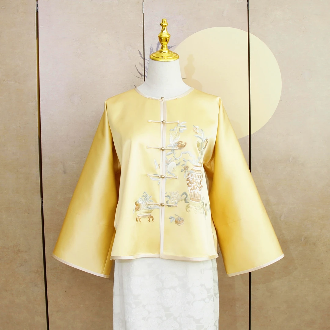 中式女装 复古风手工刺绣 中国风圆领对襟设计富贵平安刺绣上衣