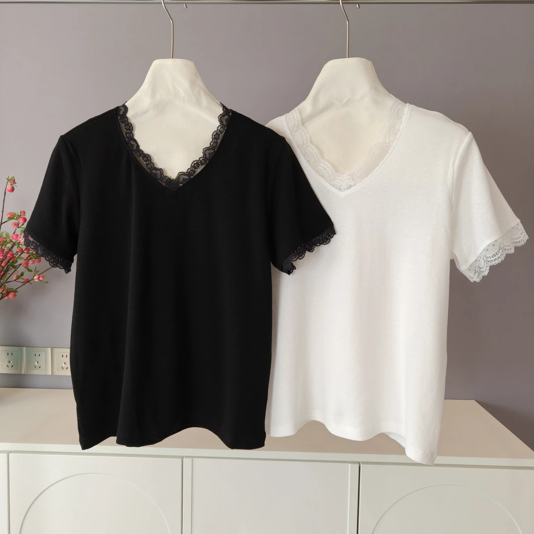 【伟伟专属】黑白 2 色 V 领蕾丝边 T 恤