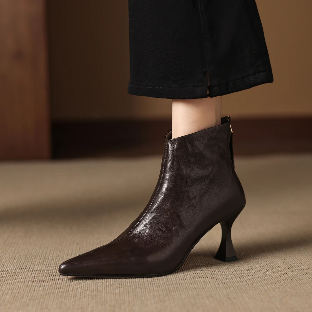7.5cm法式后拉链高跟短靴真皮尖头通勤靴子黑色时尚气质瘦瘦靴女