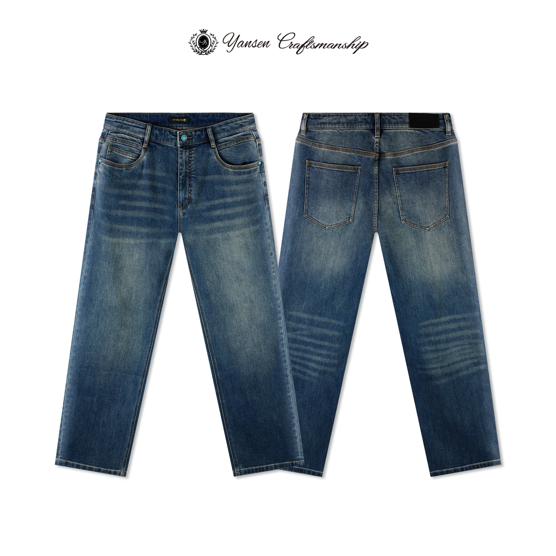 YANSEN 复古做旧猫须水洗绿松石纽扣设计直筒牛仔裤 YS027