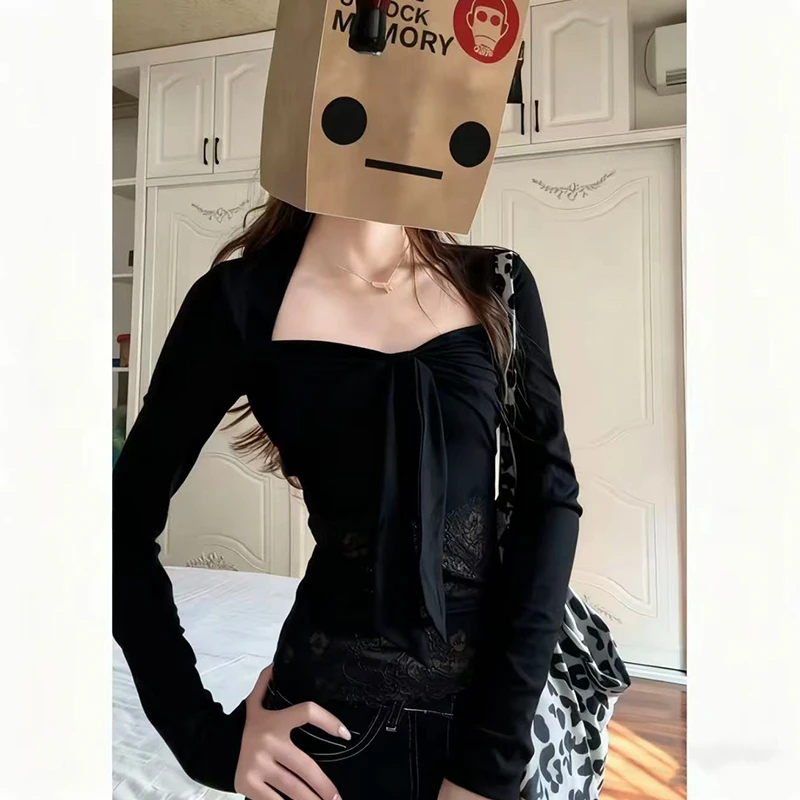 S-4XL纯欲辣妹风长袖T恤女秋冬季小众设计感蕾丝拼接修身显瘦上衣