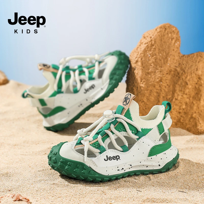 Jeep儿童户外跑步运动鞋夏季男童镂空溯溪鞋6-12岁女童休闲沙滩鞋