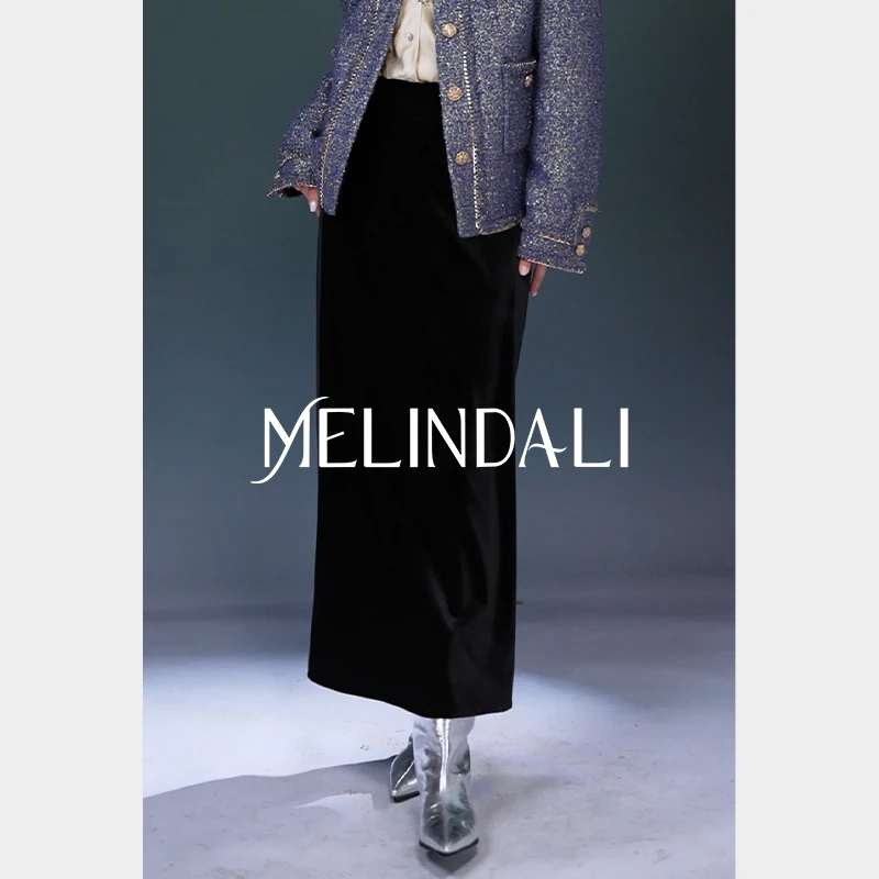 Melinda Li【墨色繁星】法式优雅轻奢细闪丝绒斜裁橡筋腰A摆半裙