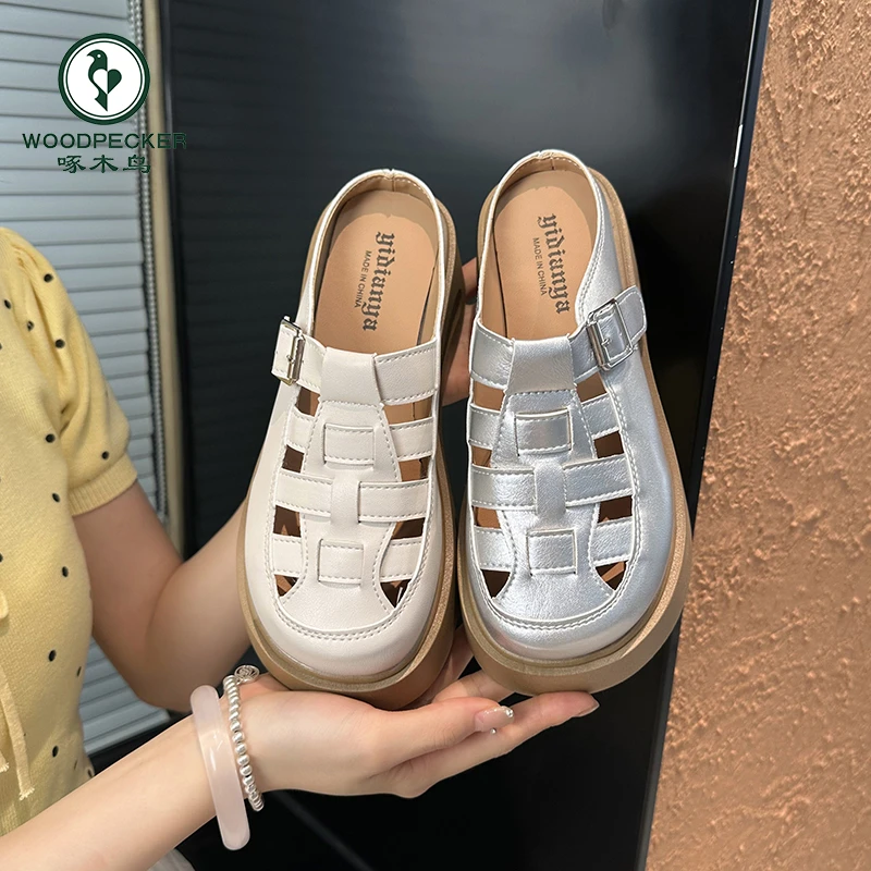 啄木鸟包头半拖凉鞋女夏外穿一脚蹬镂空编织透气女士罗马鞋平底鞋