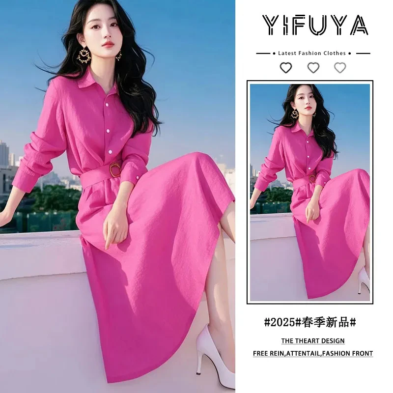 法式气质高级感独特漂亮多巴胺掐腰玫红色衬衫连衣裙2025春装新款