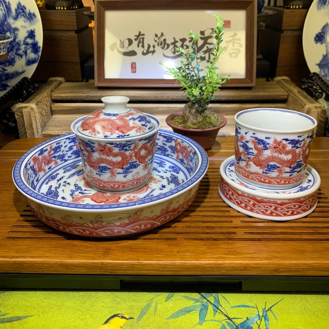 2025景德镇矾红青花釉里红九龙盖碗高档陶瓷茶具可悬停高温釉下彩