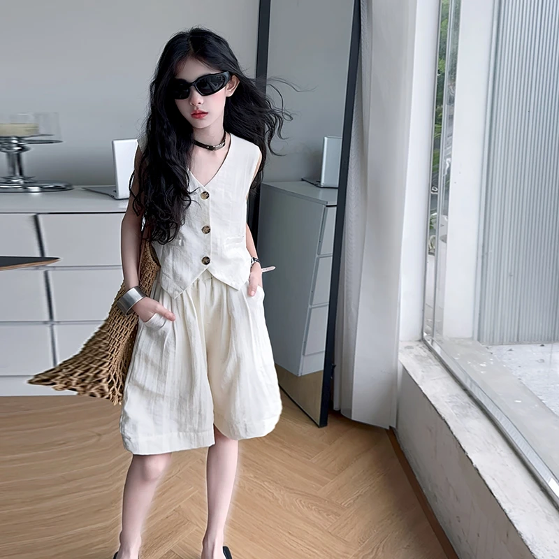【季末清仓】女童夏季老钱风套装2025新款女大童凉快马甲短裤两件套