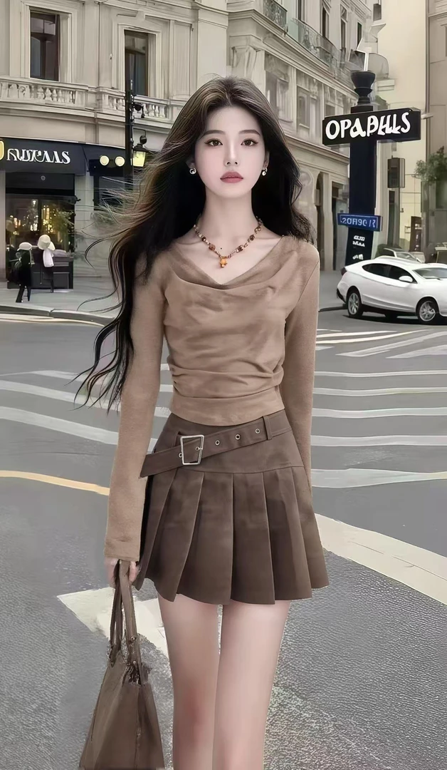 早秋新款时尚松弛感韩版卡其色荡领长袖上衣+咖色百搭半身裙套装