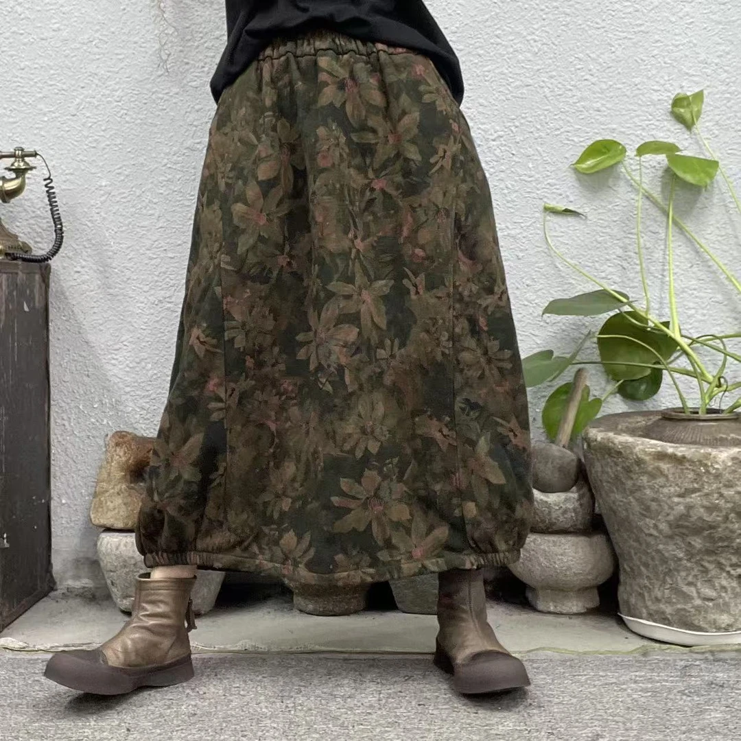 311153绿花加绒下摆松紧色织麻印花半身裙（长80臀围126裙摆136