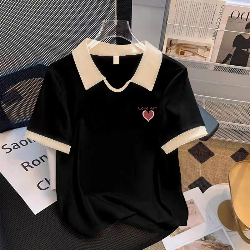 纯欲风辣妹修身显瘦短袖T恤女士夏季设计感小众百搭翻领印花上衣