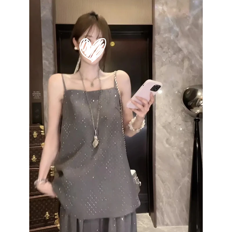 【暗夜幽光吊带】夏季气质时尚闪钻无袖上衣高腰垂感阔腿裤套装