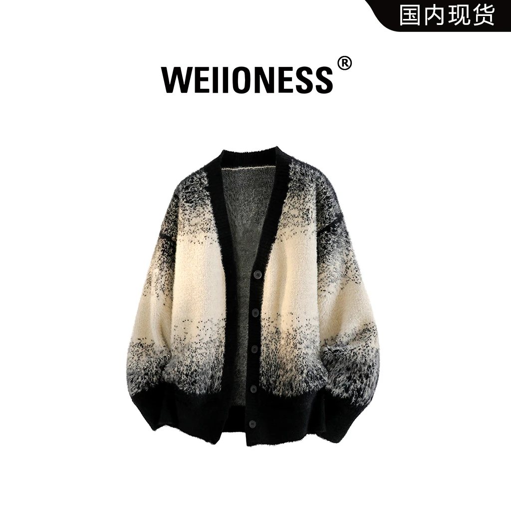 WEIIONESS开衫毛衣男秋季新款宽松休闲扎染针织衫高级感男生衣服