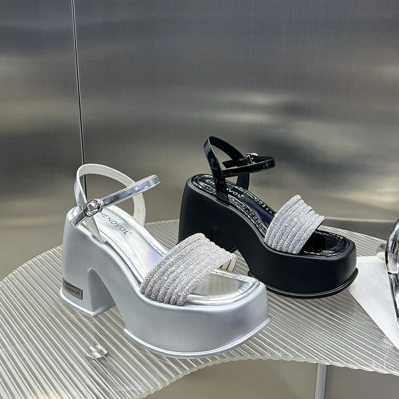 粗跟凉鞋女外穿2025夏季新款水钻12cm厚底小个子一字带SJ235-12