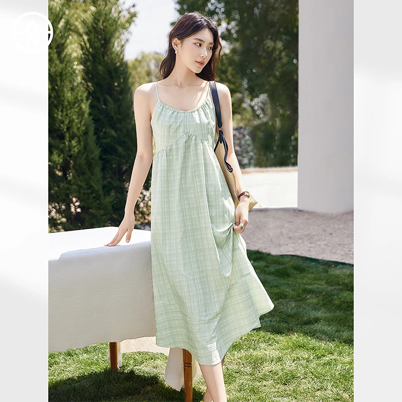 AN大码女装【薄荷裙】清新绿格纹吊带裙夏季胖mm森系度假风连衣裙