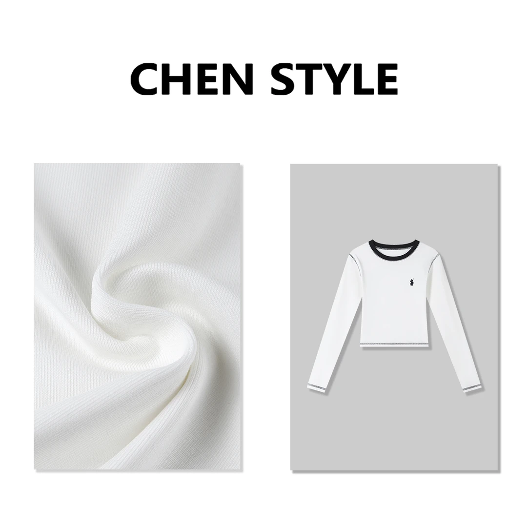 楚楚君~【个性打底】T57916圆领明线小马刺绣长袖T恤