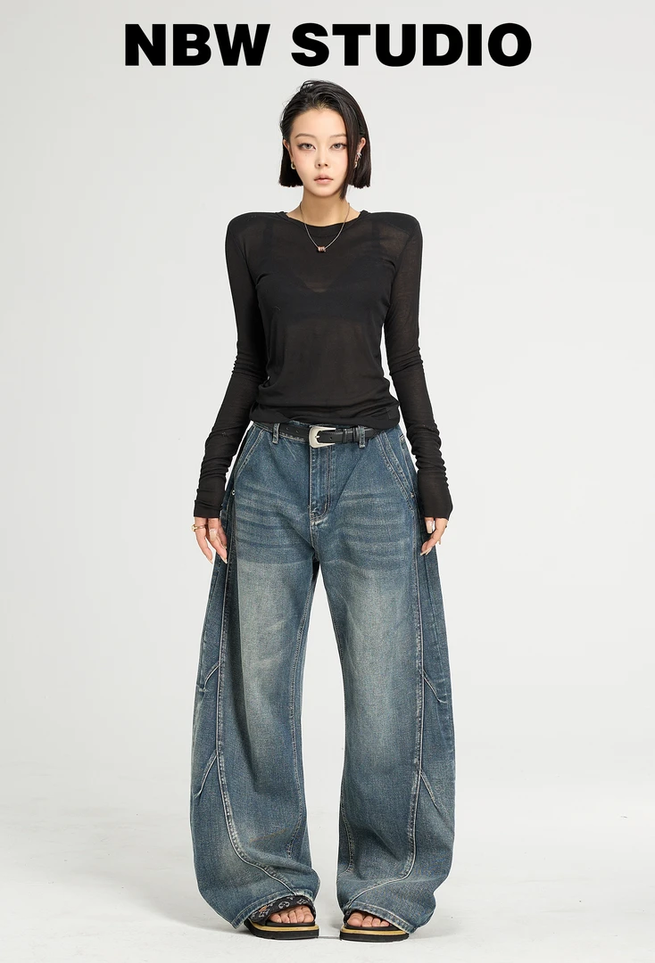 NBWSTUDIO欧美站美式复古通勤宽松百搭新款休闲弯刀裤裤子牛仔裤