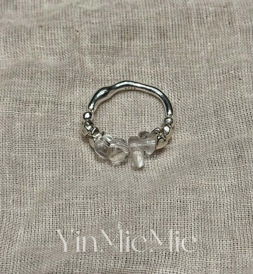 白水晶小石头碎银子手工定制戒指