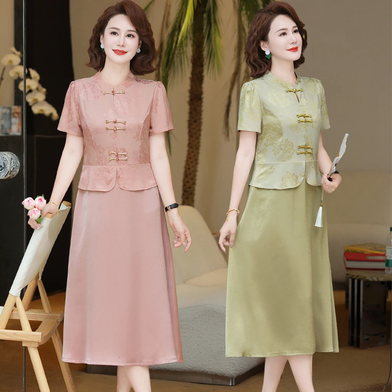 妈妈夏装雪纺连衣裙时尚气质高贵阔太太短袖裙子宽松显瘦大码女装