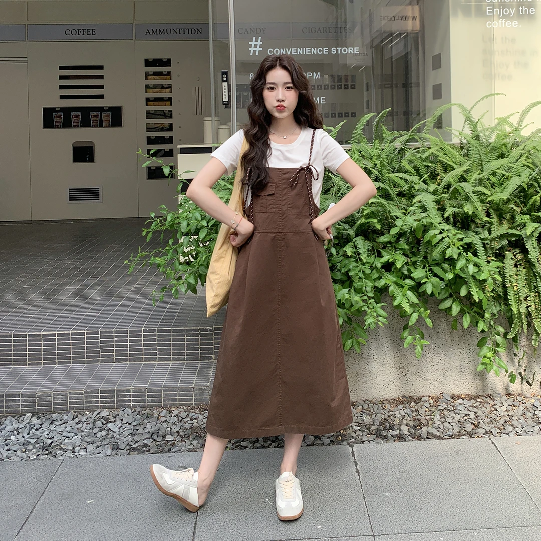 夏季ootd减龄穿搭一整套女2025学院风甜美减龄短袖背带裙两件套