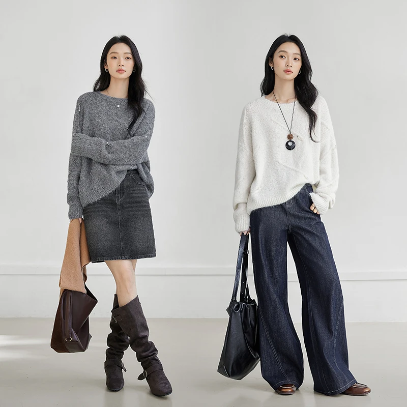 对白绵羊毛混纺手工钉珠套头毛衣女2025冬新款气质圆领软糯针织衫