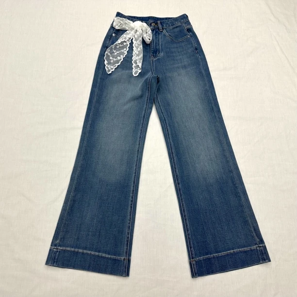 蕾丝搭配中高腰显瘦御姐筒叭牛仔裤四面弹四季新款