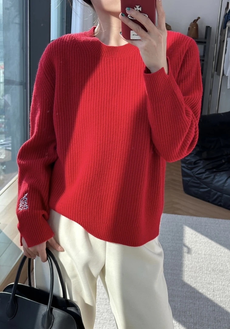 【蛇年生肖刺绣】新年限定红100%纯山羊绒圆领针织衫上衣