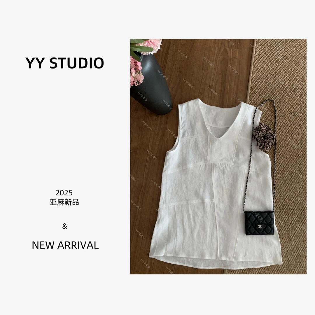 【YY STUDIO】无边际 夏季亚麻时髦感拼接百搭V领无袖上衣