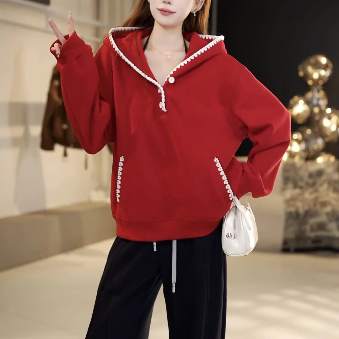 2025秋冬新款时尚休闲百搭连帽长袖加绒卫衣女宽松显瘦上衣