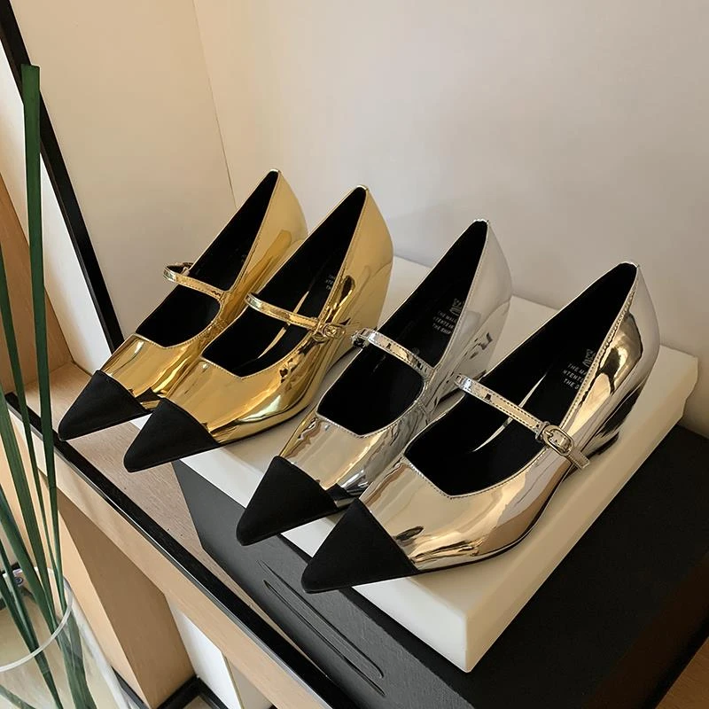 尖头坡跟金色单鞋女2024年春季新款个性时尚银色一字高跟鞋