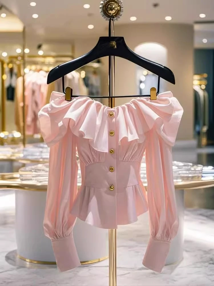 2025超火春高级感轻奢减龄洋气上衣独特漂亮掐腰一字肩粉色衬衫女