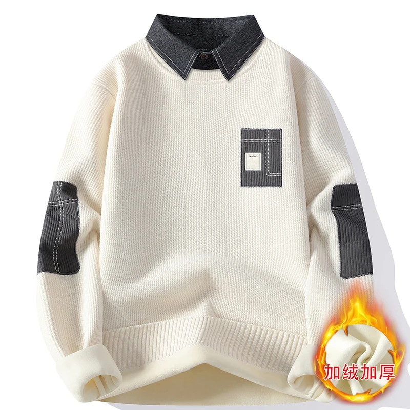 一体绒毛衣男士冬季新款衬衫领加绒高级感线衣青少年假两件针织衫