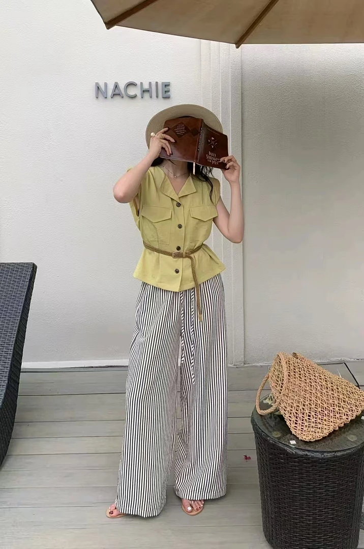 成人单排多扣翻领夏季落肩袖衬衫时髦百搭韩系衬衣带腰带