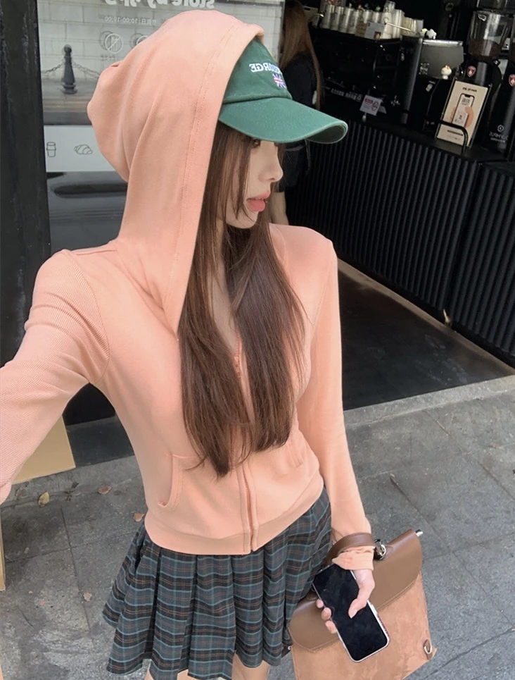 修身连帽显瘦磨毛纯色休闲运动卫衣外套