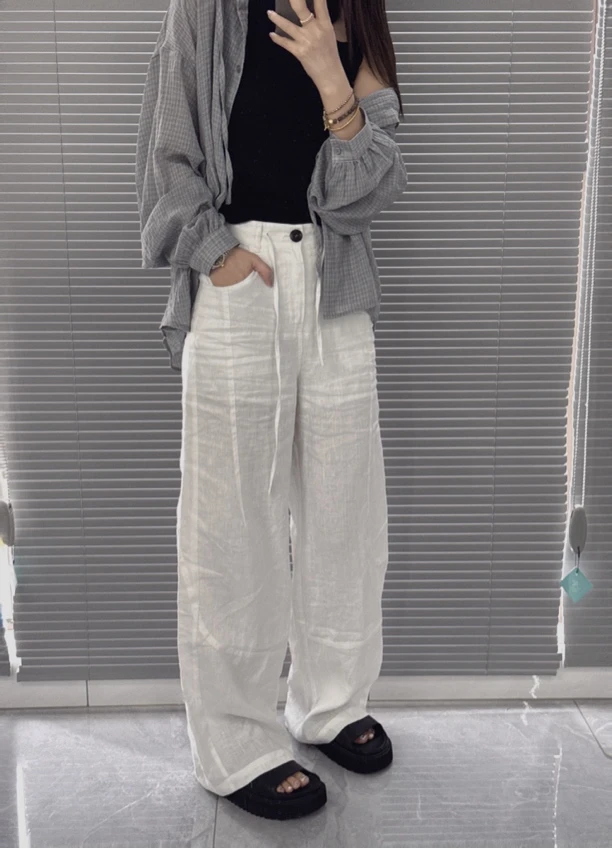 白富美亚麻直筒拖地裤