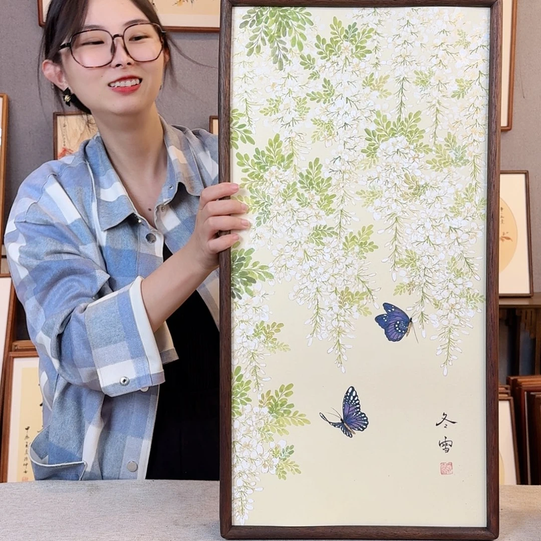 国画纯手绘，纯手写带框尺寸：36×69厘米