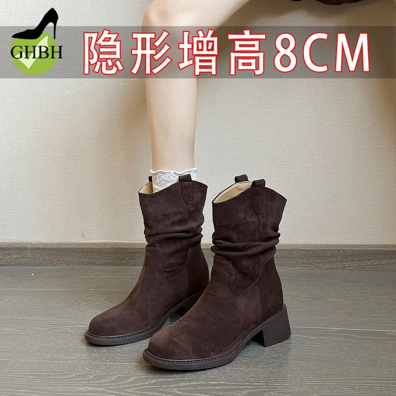 厚底马丁靴女新款巨好看的短靴内增高小个子美拉德棕色堆堆靴