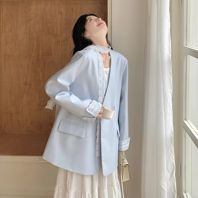 韩系宽松气质名媛高级感蕾丝拼接西装外套女2025春季新款休闲西服