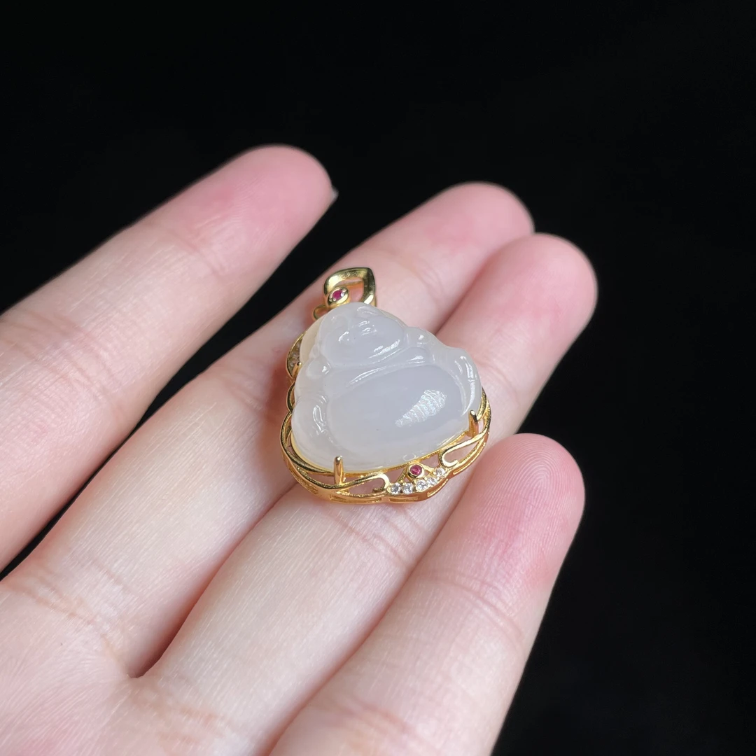 L【玉总珠宝】925银和田玉白玉佛公-约19*7mm 多样性发一 CAN153019