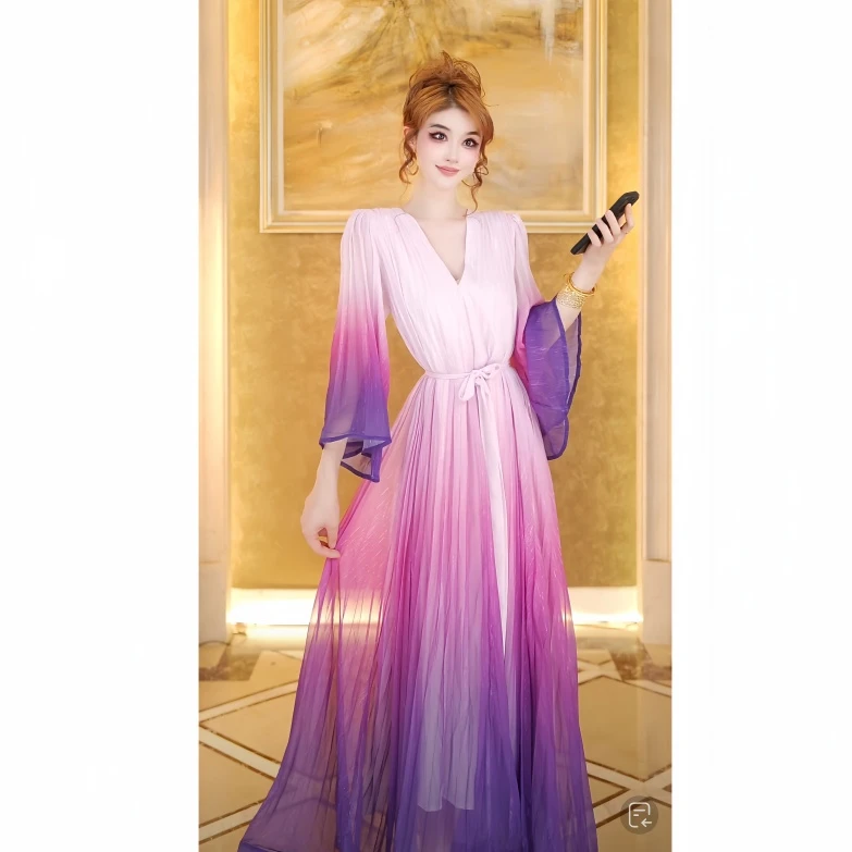 【猫猫专属】南韩丝紫色气质显瘦长款连衣裙