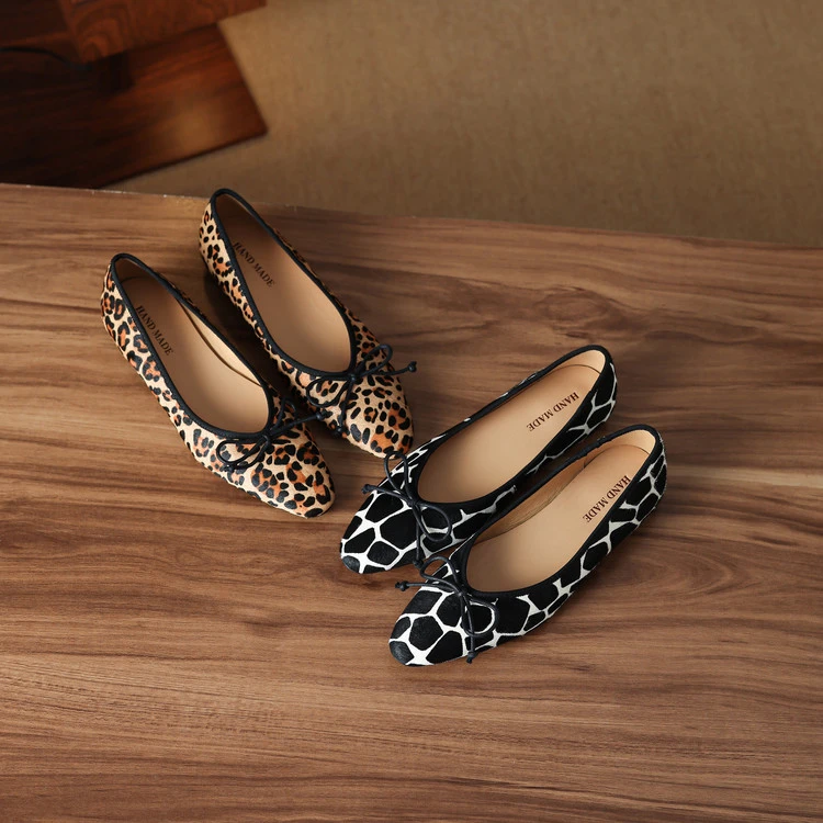 轻奢马毛~2cm法式蝴蝶结浅口单鞋女平底鞋复古时尚豹纹软底豆豆鞋