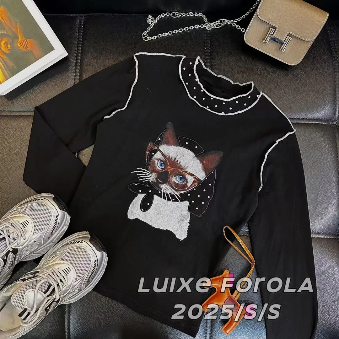 FOROLA 2025早秋新款波点镶边猫咪印花长袖上衣 CC25584