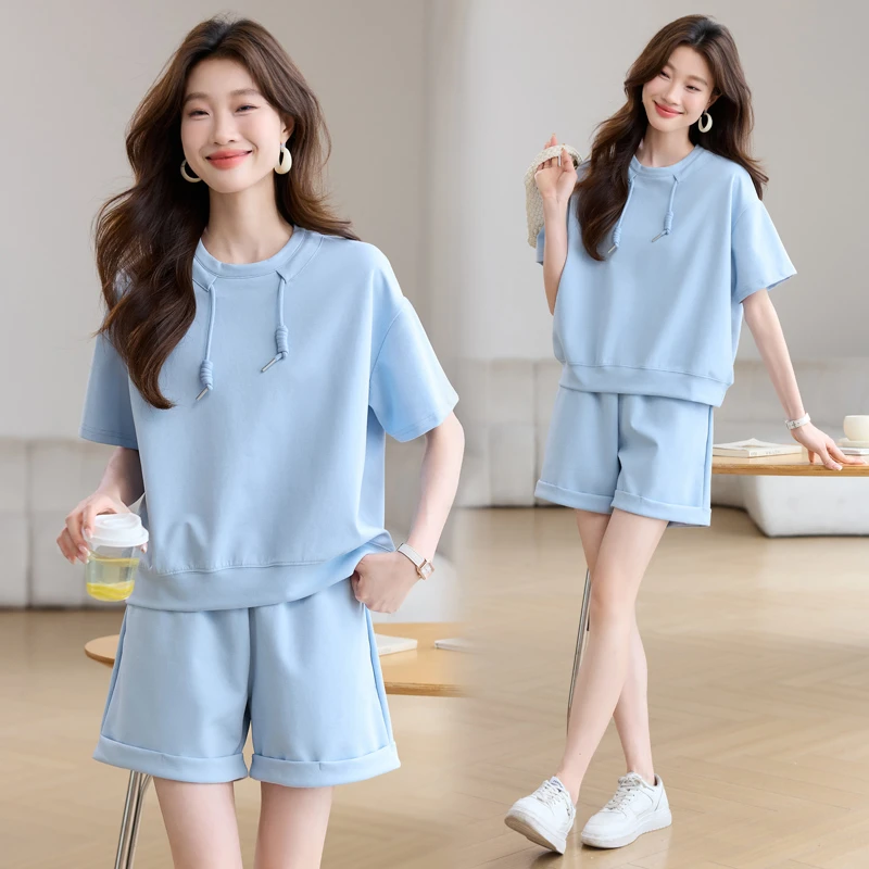短袖休闲运动套装女夏季2025新款时尚洋气高级感卫衣短裤两件套潮