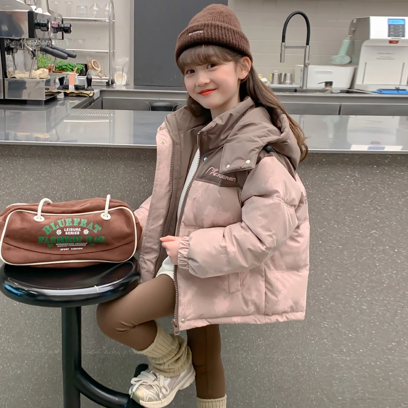 女童冬装棉袄外套2025新款儿童女孩冬季棉衣加厚连帽拼色羽绒棉服