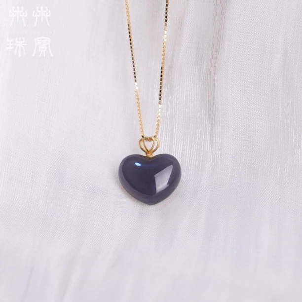【辉夜】天然和田玉烟紫吊坠爱心吊坠项链➕18K金镶嵌（精致锁骨款）