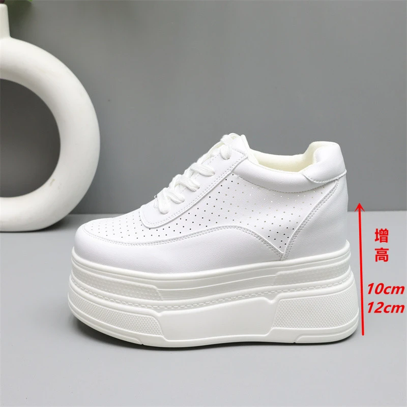 隐形内增高女鞋12cm厚底松糕鞋2025夏季薄款透气运动休闲白鞋10cm