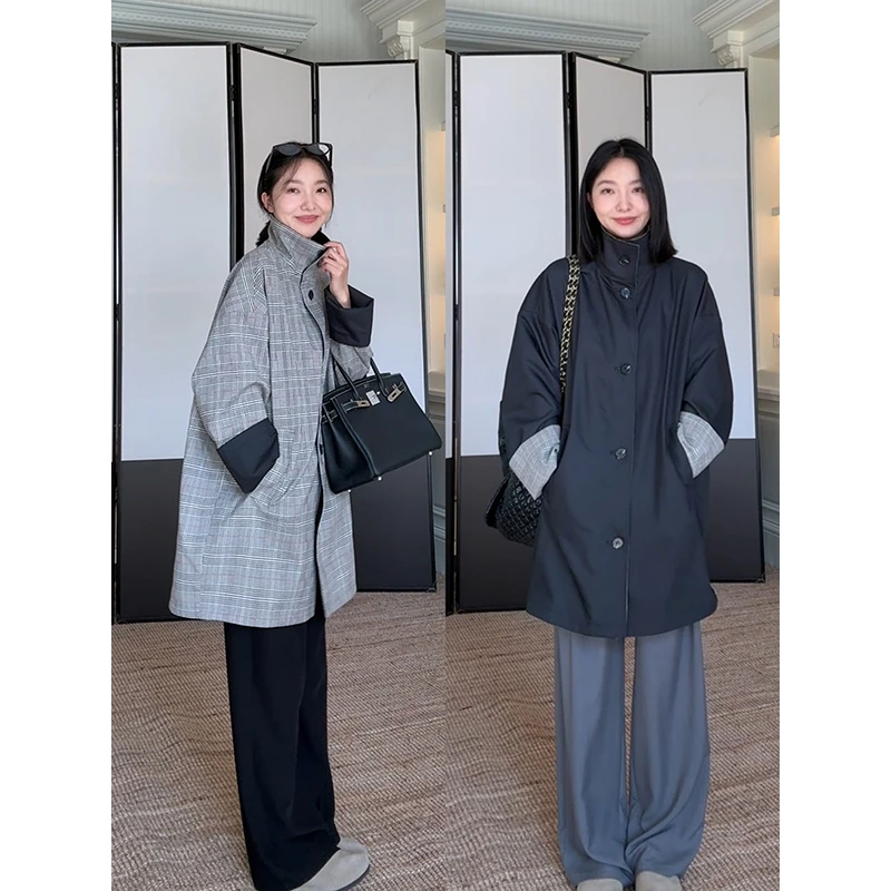郭九九呢 气质两面穿格子中长款风衣外套阔腿西装裤 G925Z14960