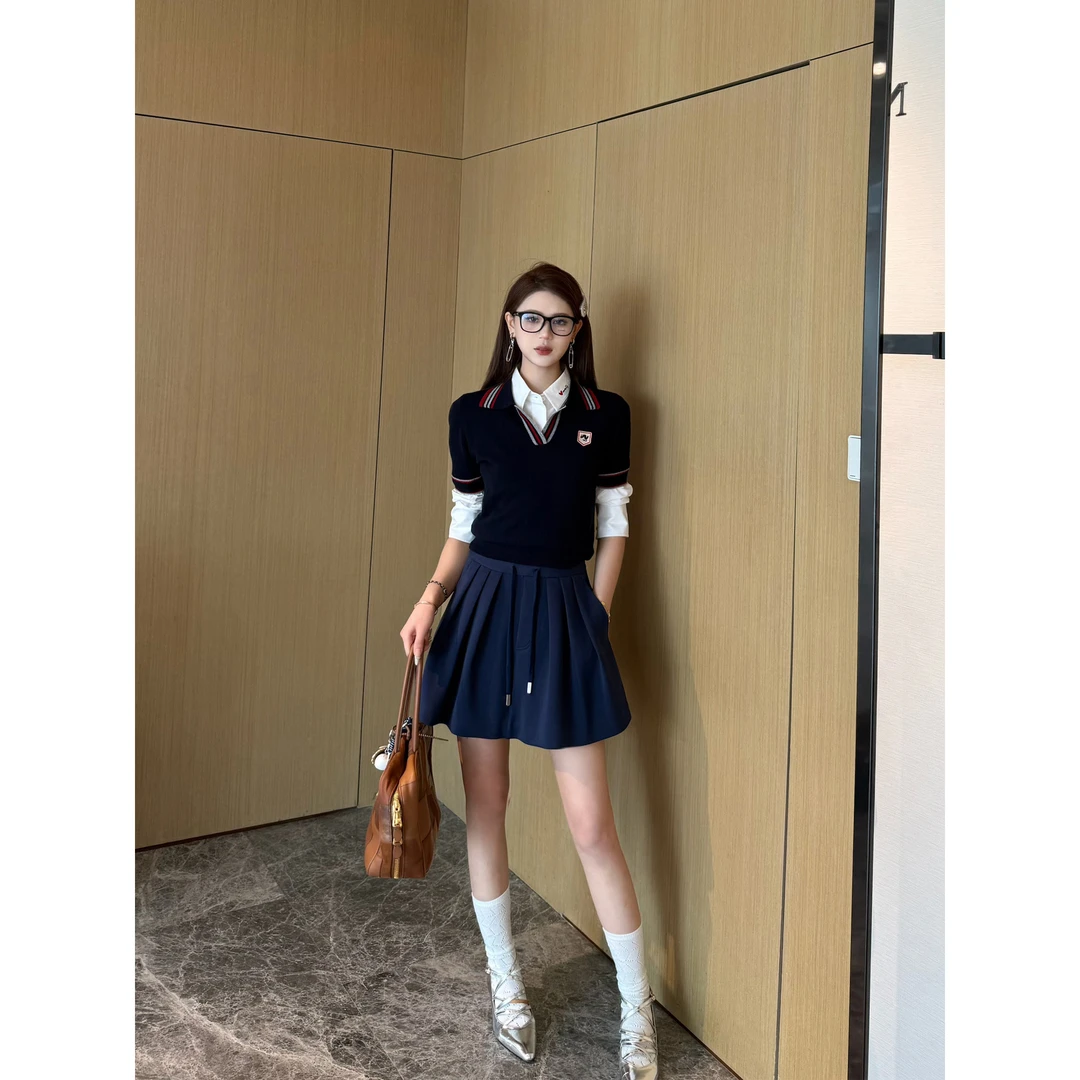 NancyCavally专柜款绵软云感100羊毛 学院风撞色polo领针织短袖