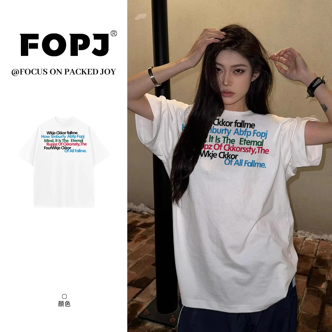 FOPJ美式高街时尚百搭学院风彩色印花短袖t恤女夏季宽松圆领上衣